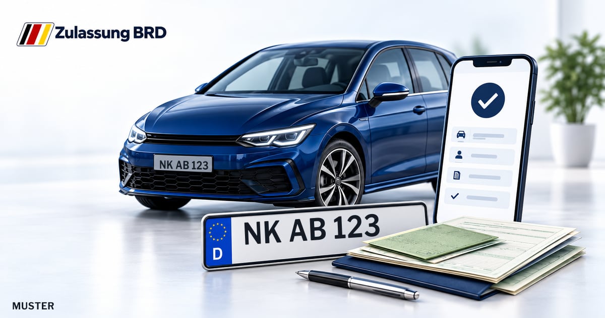 Online Fahrzeugzulassung in Ottweiler: Musterkennzeichen NK AB 123, Auto und Fahrzeugpapiere und Smartphone. Illustration mit Logo von Zulassung BRD.